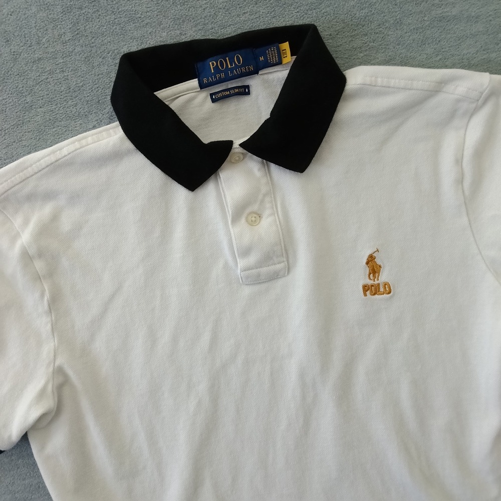 Polo Ralph Lauren Mens Custom Slim Fit Polo Shirt White Black Gold Logo Size M